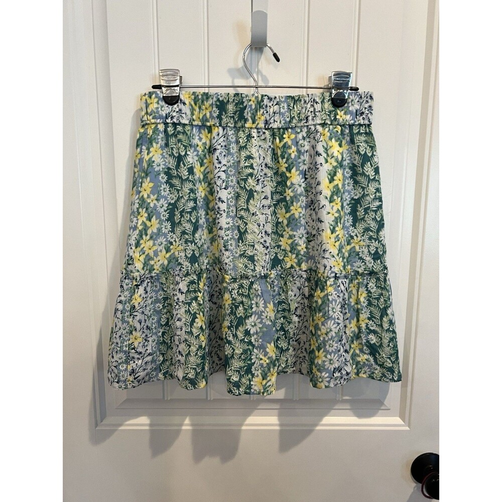 NWT LOFT M botanical Floral Striped Tiered Mini Skirt Pull On Elastic Waist